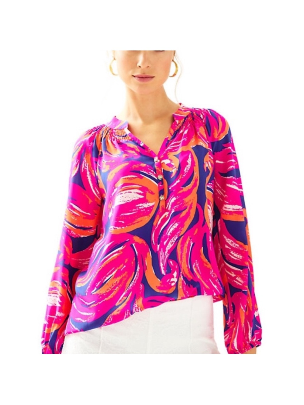 Lilly Pulitzer Elsa Plume Blume Flamingo Silk Long Sleeve Blouse Size Medium